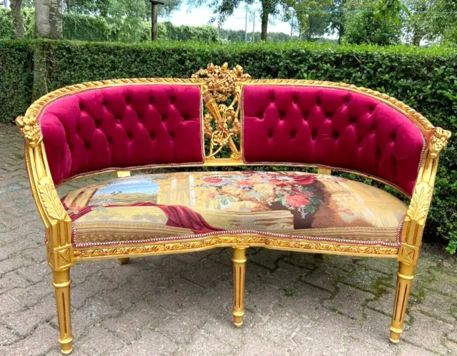 Handcrafted French Louis XVI Corbeille Settee: Red Velvet & Gold Elegance