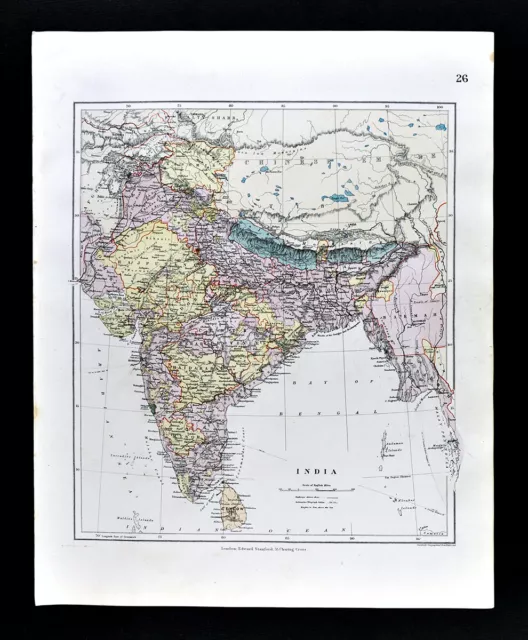 1885 Stanford Map India Nepal Tibet Pakistan Burma Ceylon M Everest Asia Antique