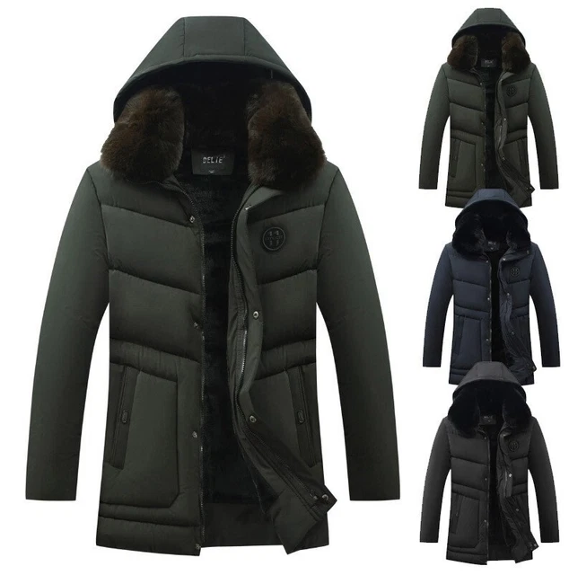 Mens Winter Warm Hooded Outwear Jacket Cotton Padded Fleece Lined Fur Collar New