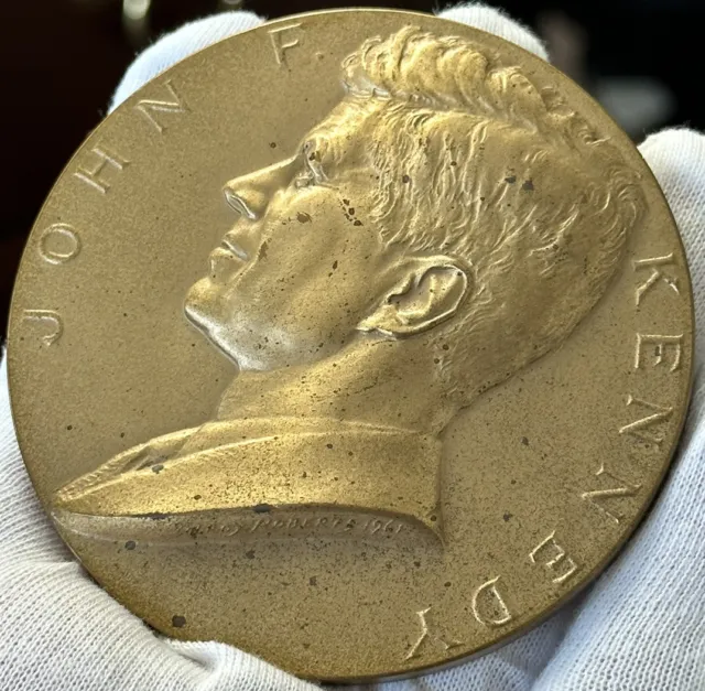 1961 John F Kennedy Large 3" Bronze Medal w/BOX & COA