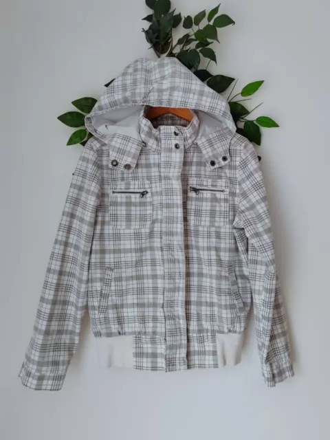 ❤️ Size XXL 2XL MEMO white plaid full zip hooded cotton bomber jacket