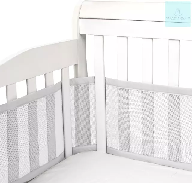 Breathable Grey 3D Mesh Crib Bumper Set, Safe Airflow Cot Liner for Boys Girls