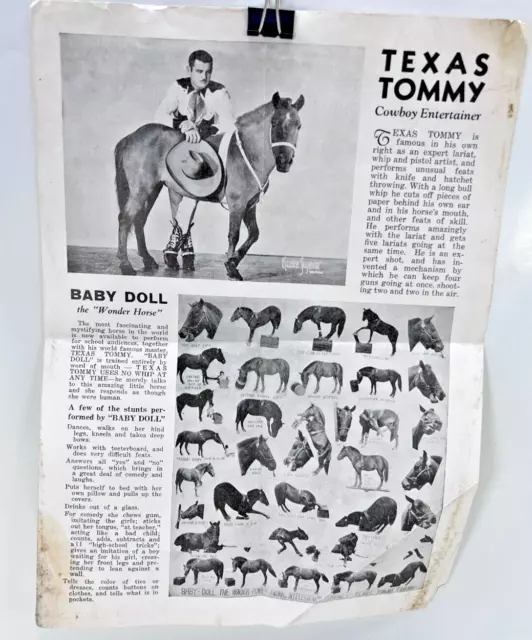 VINTAGE  Texas Tommy WHIP baby Doll the Wonder Horse Cowboy Entertainer Flier