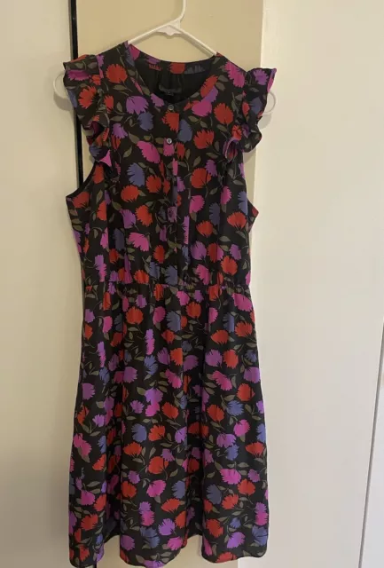 J Crew Painted Pansy Silk Ruffle Flutter Sleeve Floral Print Dress Black Sz 8