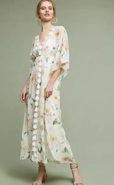 Farm Rio x Anthropologie Dahlia Boho White Chiffon Floral Maxi Dress Size XS