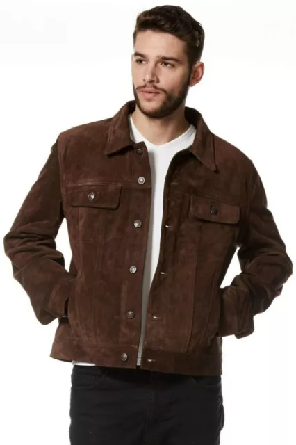 Veste de camionneur en cuir marron pour homme en daim pur sur mesure Taille...