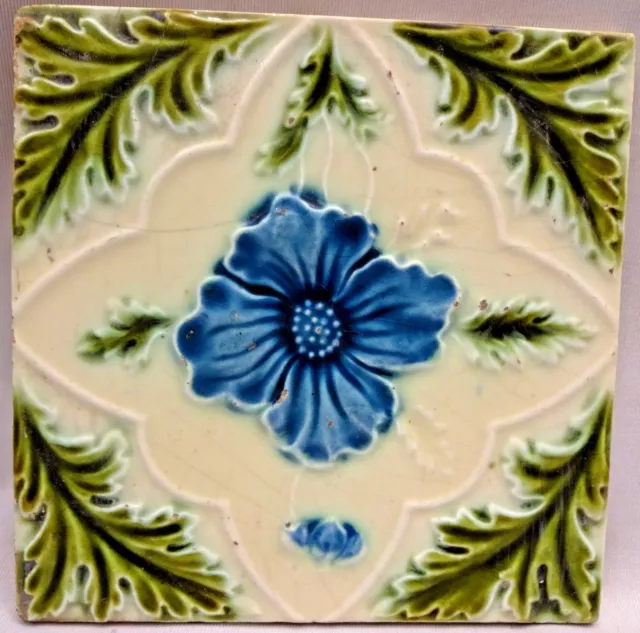 Antique English Tile Majolica Flower Motif Design Ceramic Architecture Rare "156