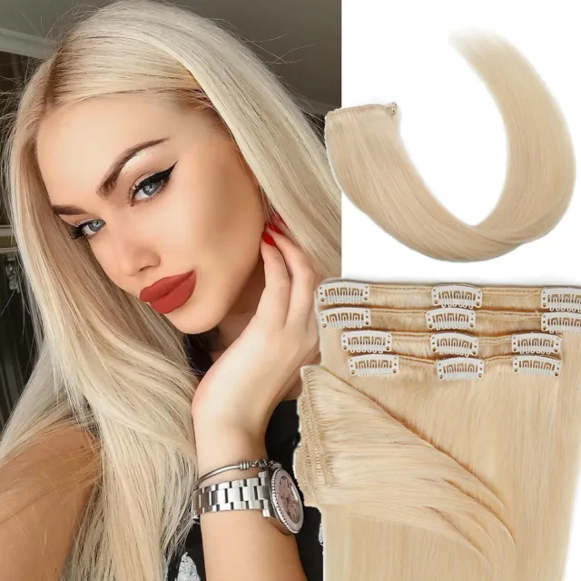 Clip 100% Remy Real In Human Hair Extensions Weft FULL HEAD Highlight Straight