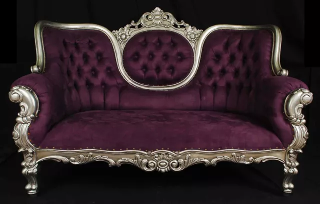 LXV Regal Sofa / Loveseat Silver with Purple Velour - French Louis XV Cabriole