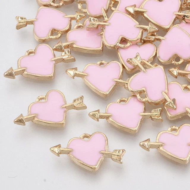 5 Stück Anhänger 10x17mm Charms Emaille Herz mit Pfeil Gold Rosa - 2038