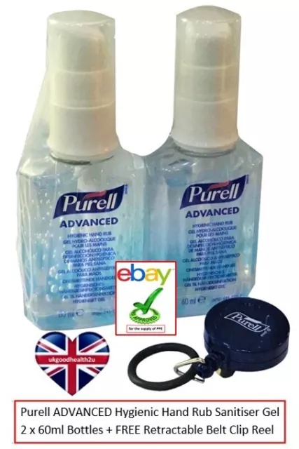 2x Purell ADVANCED Hygienic Hand Rub 60ml Sanitiser Gojo 9650 + Belt Clip Reel