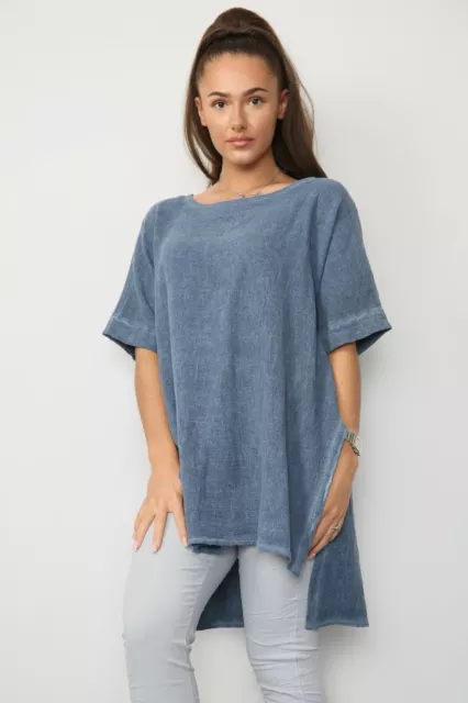 New Ladies Italian Casual Lagenlook Boxy Split Sides Scoop Neck Cotton Tunic Top