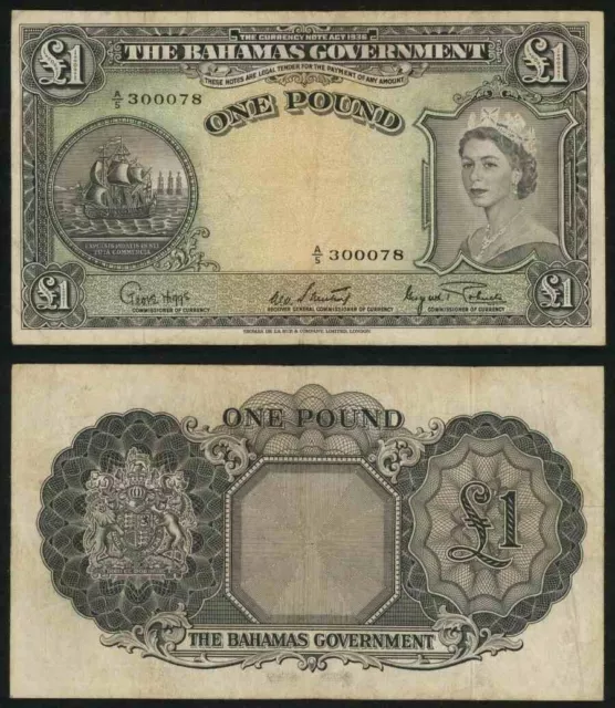 1953 ND The Bahamas Government One Pound Banknote Pick 15d Queen Elizabeth VF