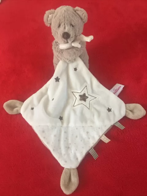 🇫🇷 Doudou peluche ours beige mouchoir blanc étoiles POMMETTE NEUF