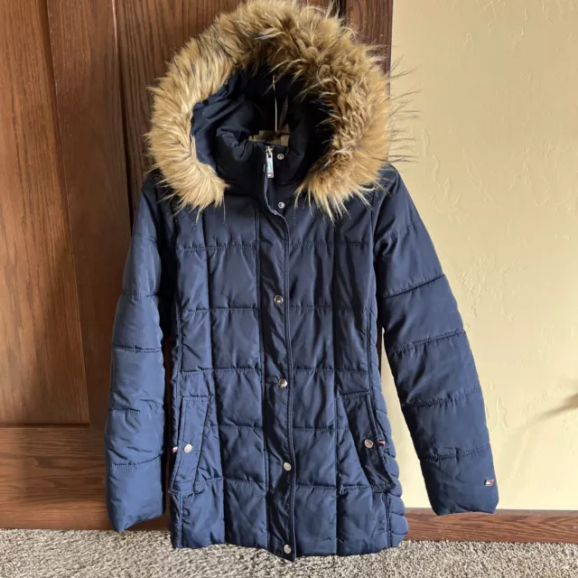 Tommy Hilfiger Women's Navy Blue Puffer Down Jacket Coat faux Hood Size XS