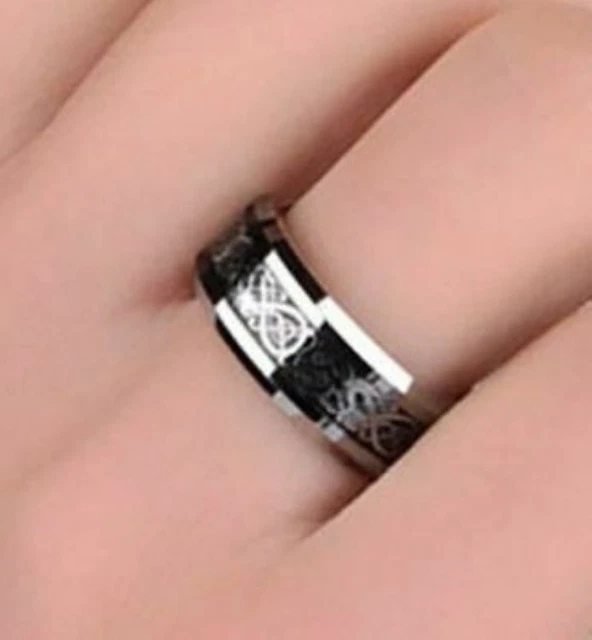 Celtic Dragon Silver & Black Scroll Sz 6-13 Ring 8mm Solid Steel Band USA SELLER