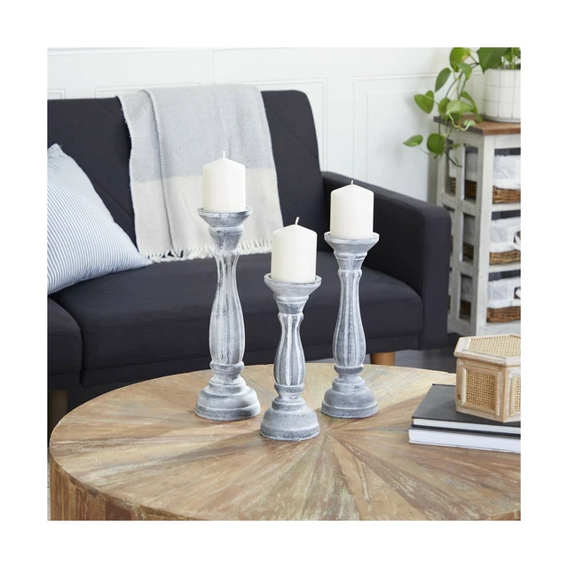 Large Whitewashed Wood Candle Holders, Turned Column Candlesticks, Dark Brown...
