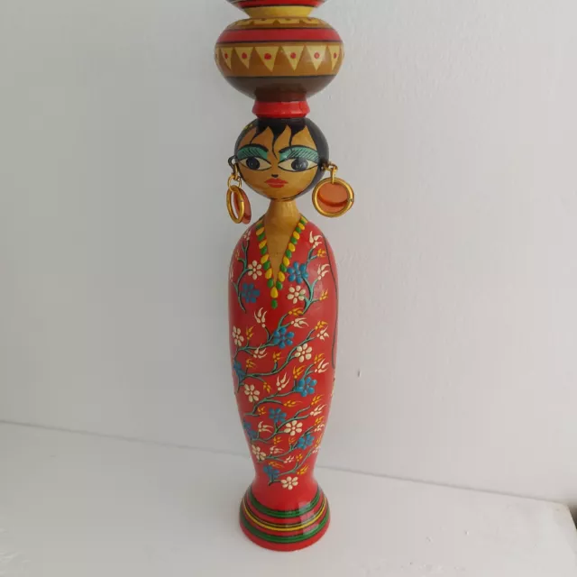 Vintage Egyptian Wood Spiddle Doll . Carved  Hand Painted.Flowers.Jeweled.