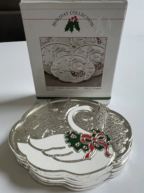 Vintage Silver Plated Christmas Swan Coasters Wm A Rogers Set Of 6 Japan Holiday