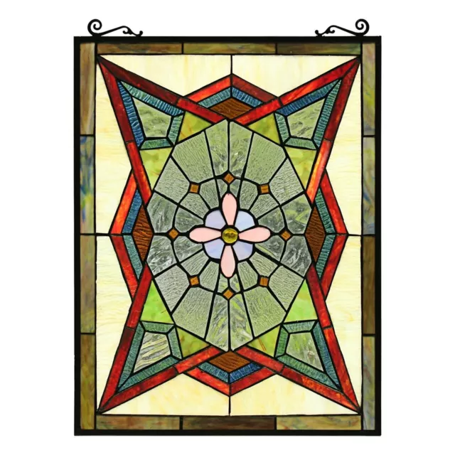 25" Geometric Element Tiffany Style Stained Glass Window Panel W/ Chain