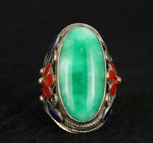 Superb Handwork Natural Green Jade Tibet Silver Enamel Flower Adjust Ring