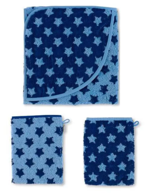 3er Set - 1 Kapuzen Badetuch + 2 Waschhandschuhe blau Sterne STERNTALER 7101692