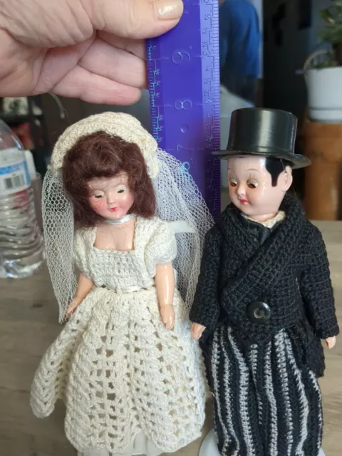 Vintage 1940s Celluloid Bride & Groom Hand Crochet Outfits 2