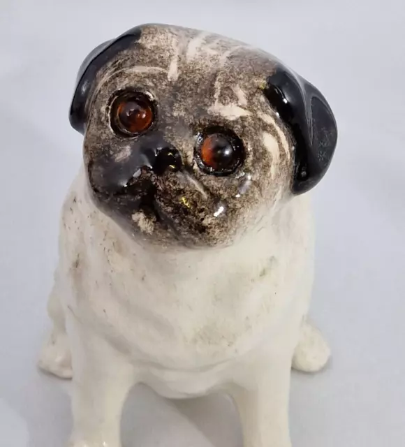 Jenny Winstanley Size 2 Pottery Pug Dog with Cathedral Glass Eyes New Signed (1) 2