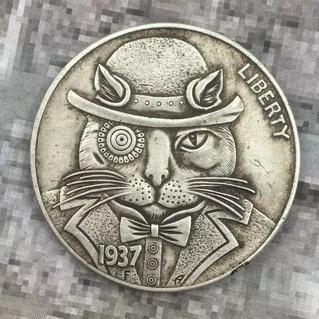 1937 Cool Cat Skull Liberty Dollar Nickel Hobo Coin Fast Ship