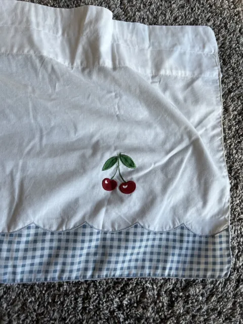 Vintage Cotton Valance Embroidered Fruit Cherry Blue Checkered 57 X 14