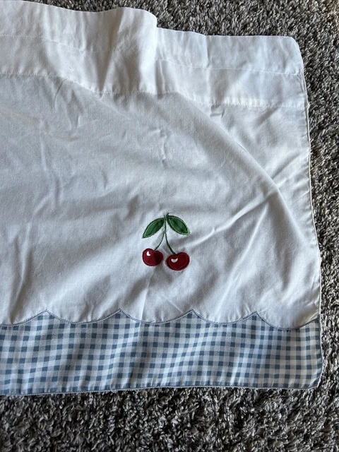 Vintage Cotton Valance Embroidered Fruit Cherry Blue Checkered 57 X 14 Vintage Cotton Valance Embroidered Fruit Cherry Blue Checkered 57 X 14