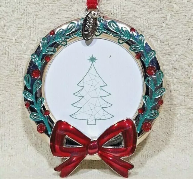 Christmas Tree Ornament Photo Picture Frame 2021 Holly Jolly Chrome Wreath