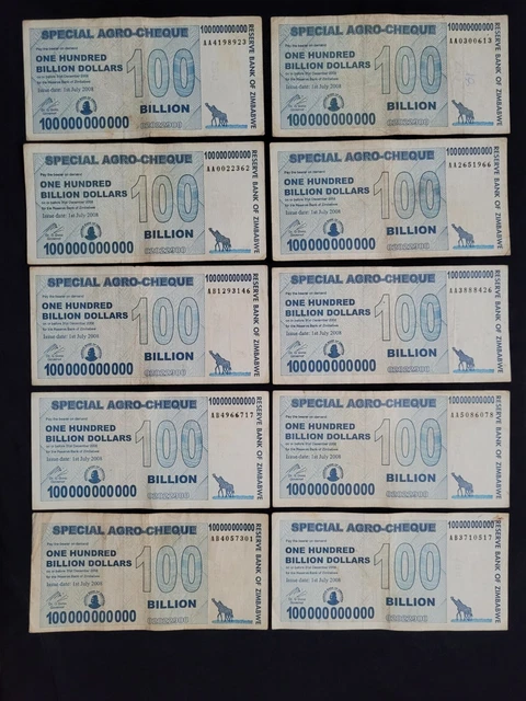 Zimbabwe 10 x 100 Billion Dollars AGRO 2008 Pick- 64 Lot 10 Pcs