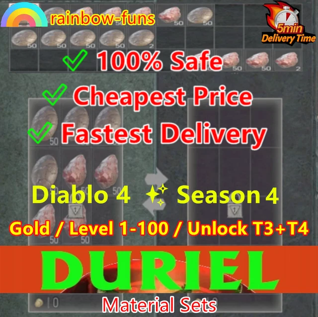 DIABLO 4🔥GOLD DURIEL Mats RUNS ANDARIEL Mats POWER LEVEL🔥SEASON 4 PC PS XBOX🔥 EUR 95,24