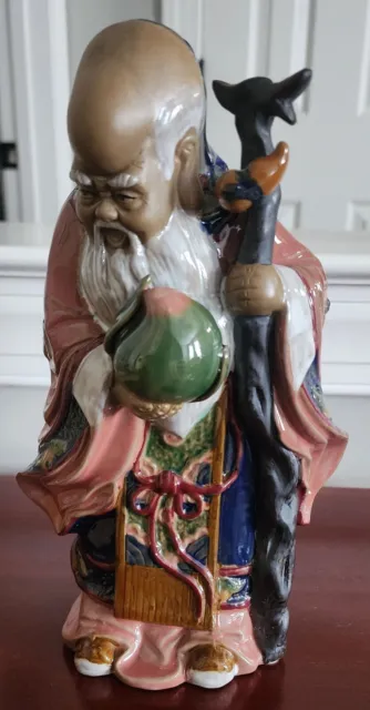 Shou Lao Shou Xing God of Longevity Statue Mud Man Figurine 10in Chinese Pottery