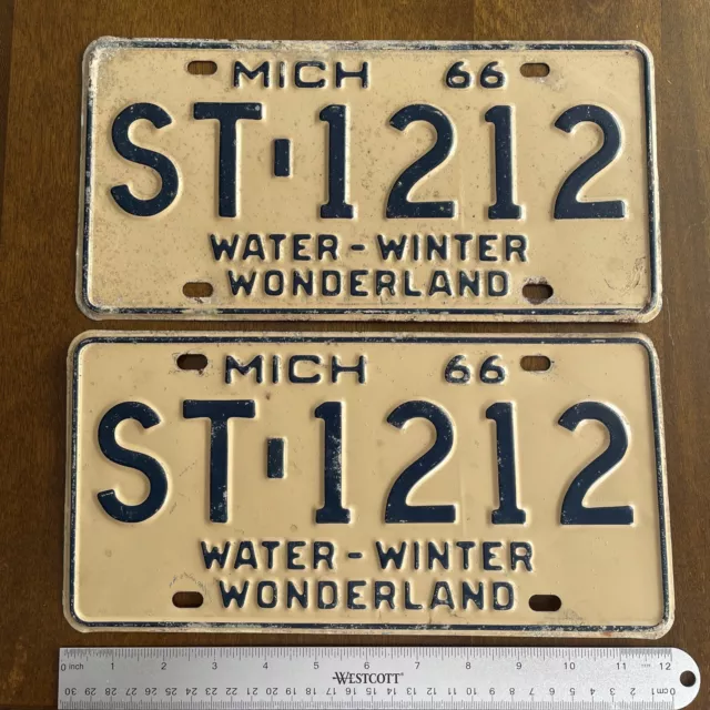 Pair Of 1966 Michigan License Plate Tag ST-1212 Water-Winter Wonderland