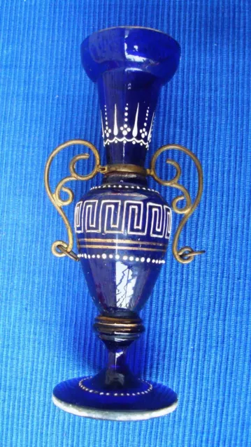 V27 Joli petit Vase en Verre Bleu Emaillé et monture Laiton XIX Soliflore 2