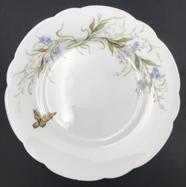 "Placa festoneada de flores azules mariposa pintada a mano 1884 Haviland Limoges 7,75"