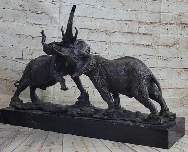 Art Déco Mármol Bronce Escultura Estatua Elefantes Fighting Extra Grande Figura