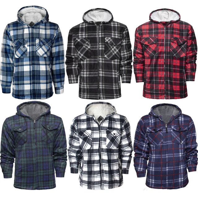 Mens Hooded Fleece Lumber Jack Shirt Fur Lined Padded Sherpa Jacket Worker Warm