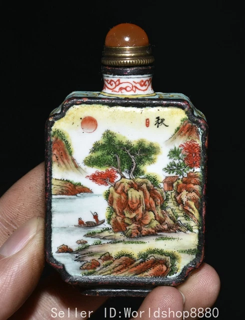 3" Old Chinese Qianlong Marked Copper Cloisonne Hill Tree River Snuff Bottle