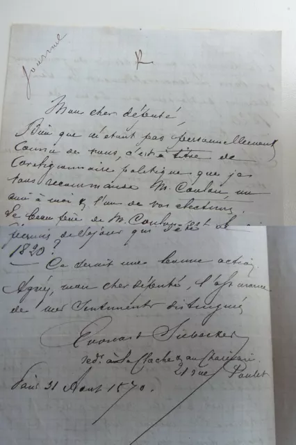 Lettre autographe PARIS 1870 de Édouard SIEBECKER (1829-1901), écrivain