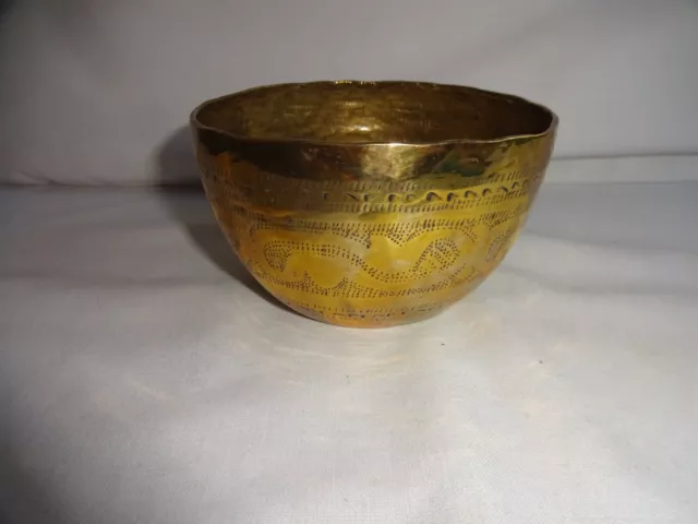 Vintage / Antique Hand Decorated Small Brass Bowl Dish Signed Bida Nigeria