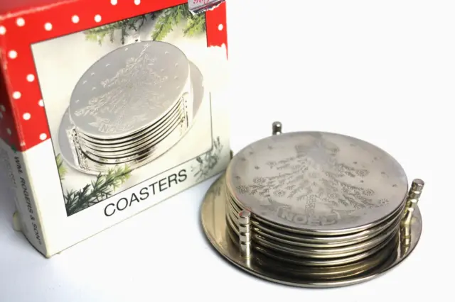 Vintage William Rogers Christmas Tree Coasters Silver Plate Set of 6 with Stand