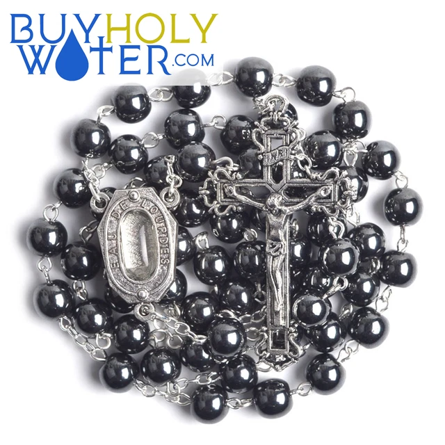 Blessed Hematite & Holy Water Rosary Beads Religious Necklace Crucifix Jesus!