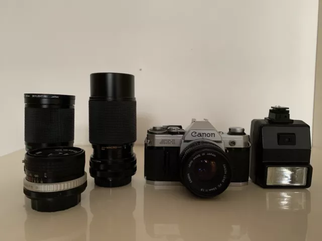 Canon AE-1 Manual 35mm SLR Camera+ 4 Lenses (50mm 1.8, Wide & Zoom x2)