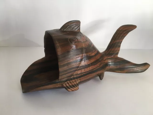 Mid Century Hand Carved Wooden Fish Open Mouth