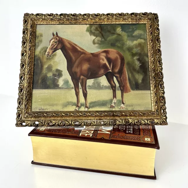 Horse Painting Oil on Board Signed Vintage 70s Equine Art Framed Gold Gilt Frame