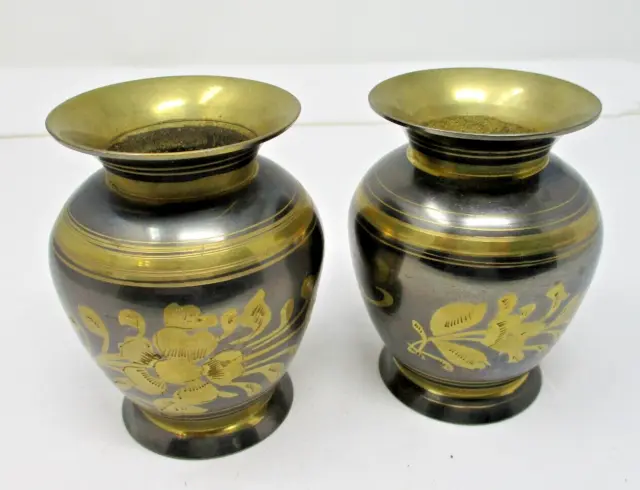 Vintage Pair of Lacquered Floral Etched Solid Brass Vases 4" Tall