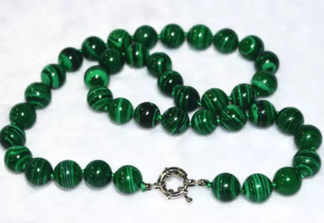 Beautiful 8mm round green malachite gemstone beads necklace vintage 18''
